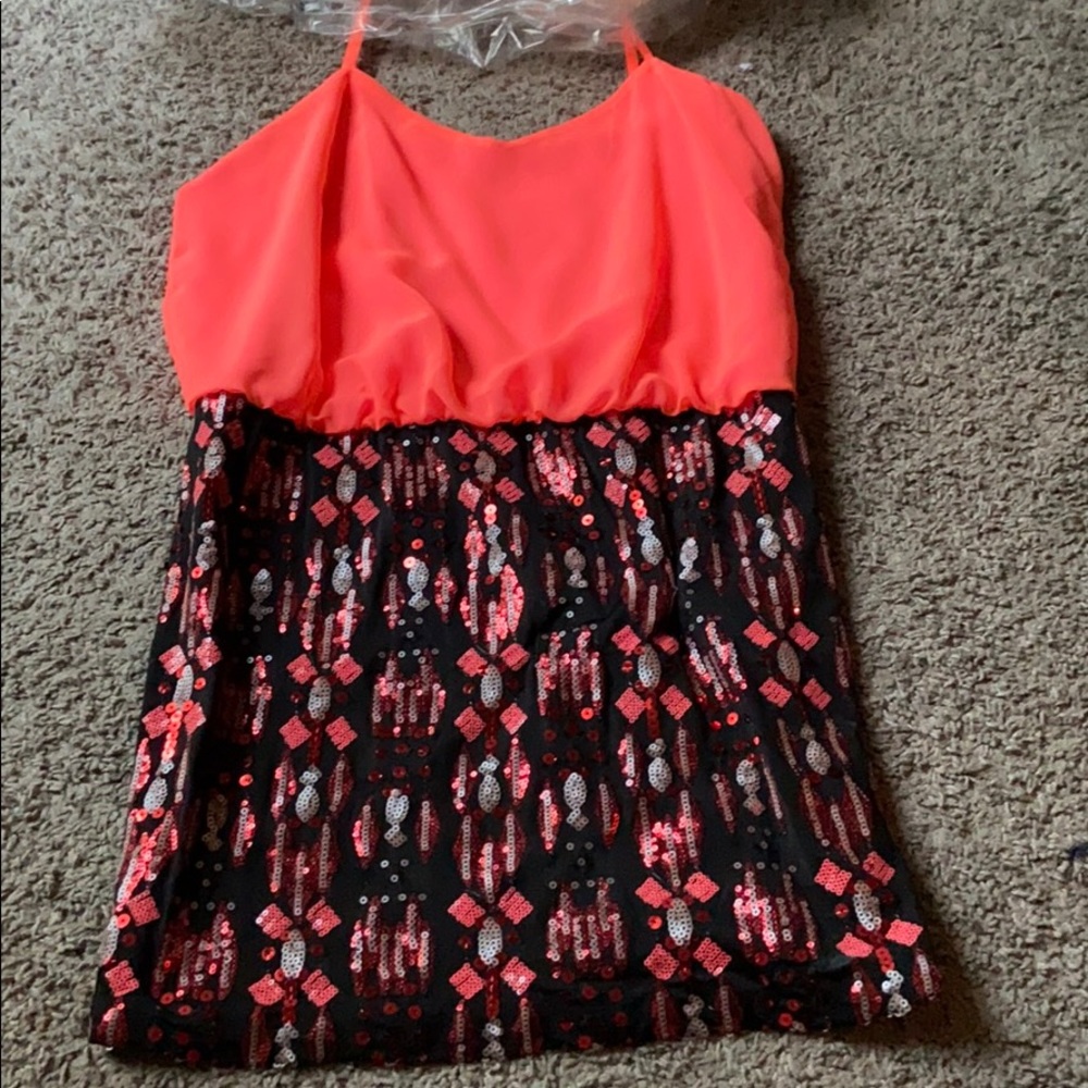 Coral mini dress with sequined bottom